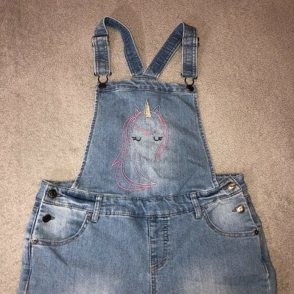 CAT & JACK Girls Embroidered Unicorn Denim Overalls Sz XL 14-16 - Picture 2 of 12